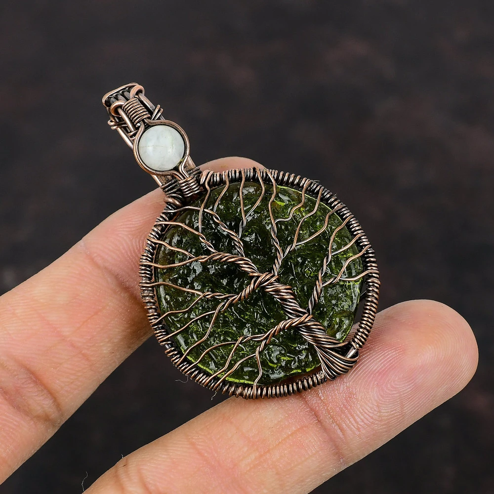 Moldavite Pendant Handmade Gemstone Pendant Moonstone Copper Wire