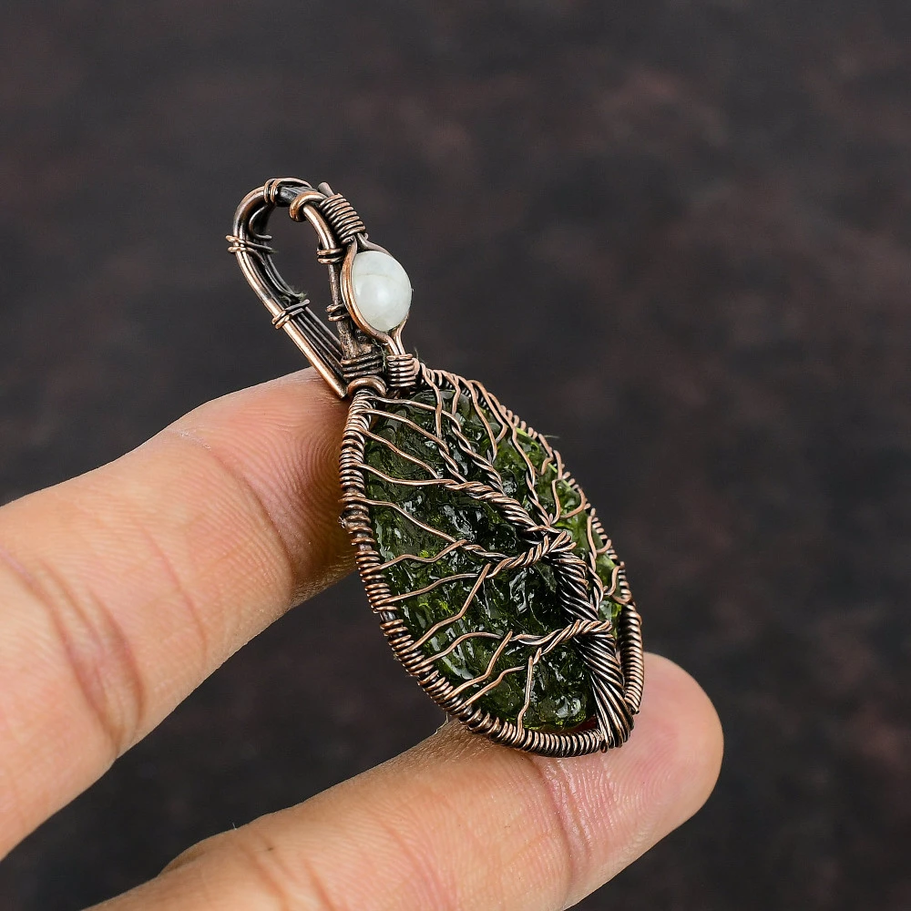 Moldavite Pendant Handmade Gemstone Pendant Moonstone Copper Wire