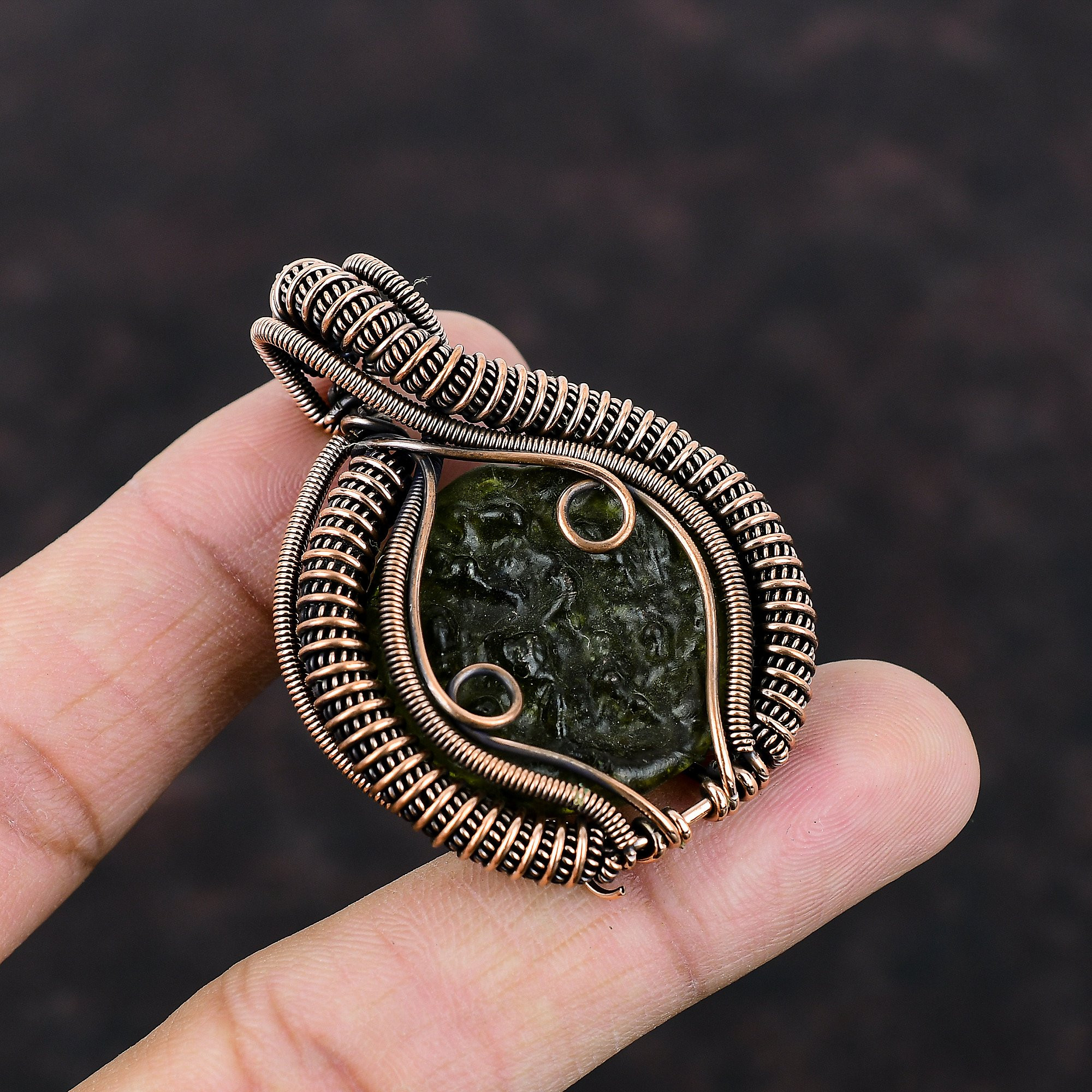 Moldavite Round Green Handmade Copper Wire Wrapped Pendant