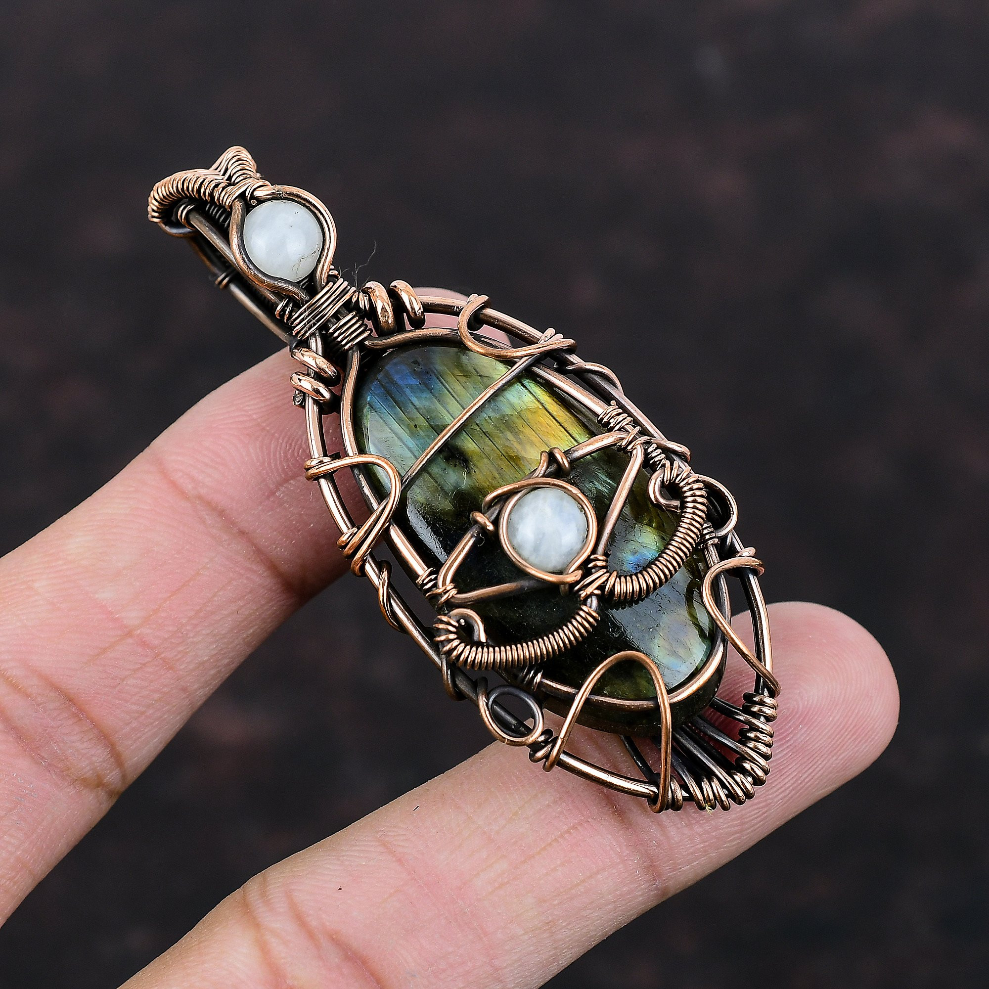 Labradorite Oval Gray Handmade Copper Wire Wrapped Pendant
