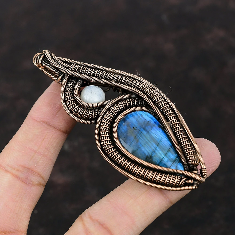 Labradorite Pear Blue Handmade Copper Wire Wrapped Pendant