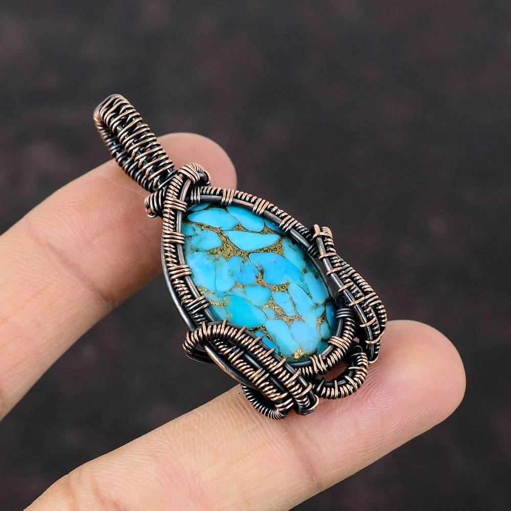 Copper Blue Turquoise Oval Blue Handmade Copper Wire Wrapped Pendant